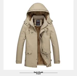Detailed front view of khaki hooded parka jacket with warm thick fleece lining