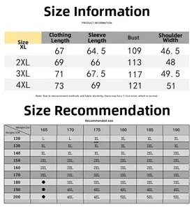 Detailed size chart for men's fleece jacket showing chest, length, and weight recommendations