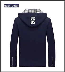 Detail of navy blue hooded jacket back showing MLGK 05 print and plaid lining texture