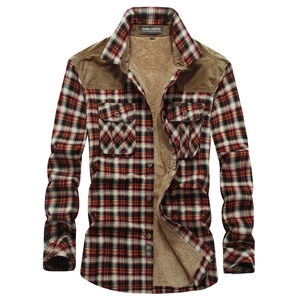 Men's winter plaid shirt with warm sherpa lining and vintage corduroy shoulder patches