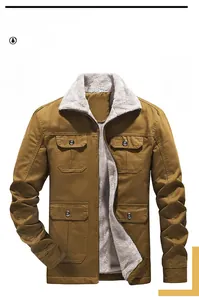 Detail of caramel warm jacket with white faux shearling lining and four utility pockets
