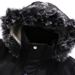 Men's winter hooded faux leather jacket with plush fur collar and embroidered logo detail