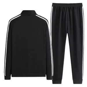 Plus size men's black cotton sports set with stand collar jacket and striped jogger pants