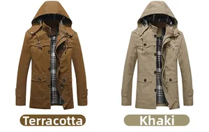Detail of hooded cotton jackets in khaki and earth yellow with classic plaid lining