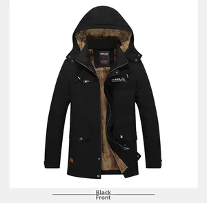 Detail of men's black hooded parka featuring thick brown faux fur lining and windproof fabric