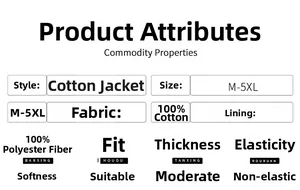 Detailed size chart and fabric material specifications for the cotton jacket M to 5XL