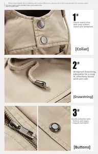 Detail view of khaki jacket showing stand collar, metal snaps, and drawstring hood