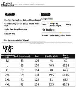 Detailed size chart for men's fleece lined cotton jacket including M to 4XL dimensions
