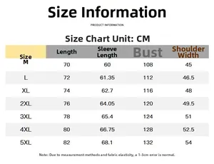 Size chart for men's hooded jacket from M to 5XL with detailed measurements in CM