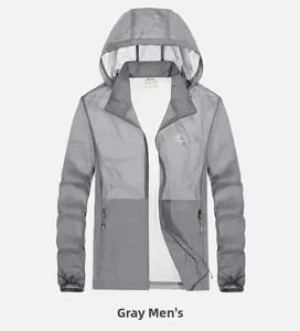 Detail der grauen Herren-Sonnenschutzjacke mit Bergdruck und Reißverschlusstaschen