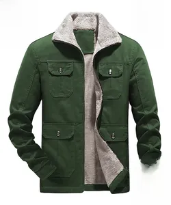 Close-up of army green military jacket with gray sherpa lining and four utility pockets