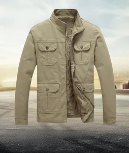 Detail of khaki utility jacket with warm fleece lining and four functional pockets
