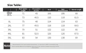 Detailed size chart for men's winter jacket including shoulder, chest, and sleeve measurements