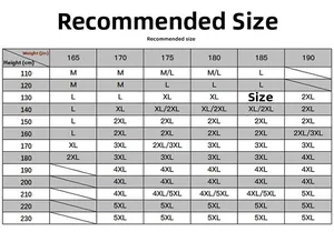 Detailed men's size chart for hooded jacket showing height and weight recommendations