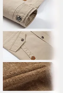 Detail view of khaki jacket featuring button cuffs and warm thick brown fleece lining