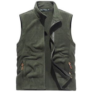 Men's outdoor fleece vest in army green featuring a stand collar and zipped pockets