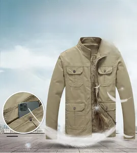 Detail of khaki men's winter work jacket with fleece lining and multi-pocket design