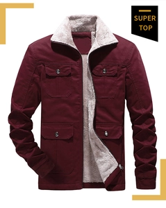 Detail showing the burgundy jacket with warm white Sherpa fleece lining and four flap pockets