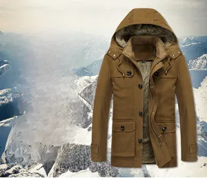 Close-up of men's fleece-lined khaki parka with drawstring hood and warm faux shearling