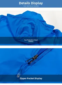 Detailansicht der blauen Sonnenschutzjacke mit Kapuze und praktischer Reißverschlusstasche