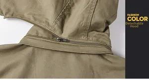Close-up of detachable hood detail on khaki winter jacket with high-quality metal zipper
