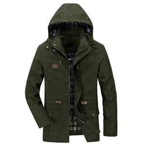 Men's Casual Cargo Hooded Jacket Cotton Mid-Length Windbreaker Outdoor Windproof Outerwear Solid Color Fashion Coat
