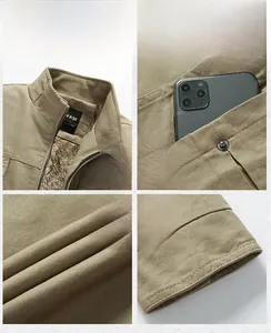 Detailed views of khaki winter jacket featuring fleece lining, pockets, and ribbed cuffs