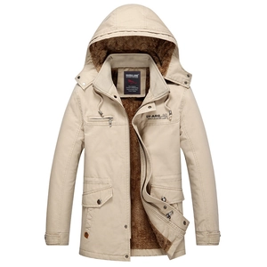 Men Winter Fleece Lined Hooded Jacket Cotton Casual Outdoor Military Cargo Parka Coat Windproof Warm Mid Length Outwear