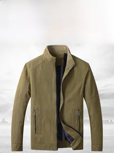 Detail of khaki men's stand collar jacket featuring metal zipper and ribbed cuffs