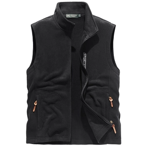 Men's black fleece vest with high neck, full zipper and sport print on chest