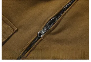 Detail shot of smooth black zipper and durable brown canvas fabric on men's winter jacket