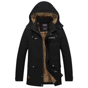 Men's winter hooded fleece jacket in black windproof fabric with warm brown faux fur lining