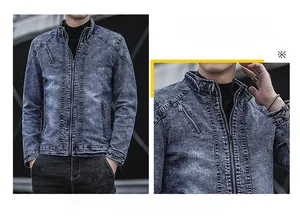 Détails d'une veste bleu vintage avec col montant et poches zippées métalliques