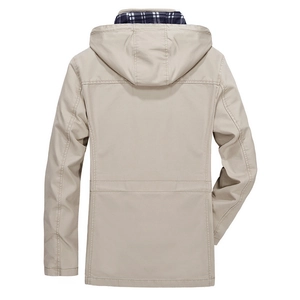 Men's lightweight beige windbreaker jacket with hooded check lining back view