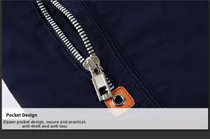 Detail of dark blue jacket featuring silver metal zipper with brown leather puller tab