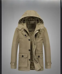 Detail view of khaki hooded jacket featuring thick fleece lining and durable cotton fabric