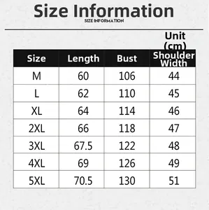 Men's winter jacket size guide showing length, bust, and shoulder in centimeters