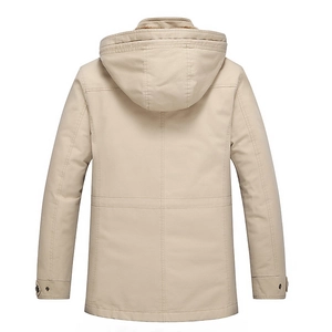 Men's khaki hooded fleece-lined parka jacket with stylish cross stitching on back view