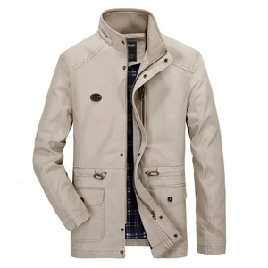 Men's casual beige military field jacket with stand collar and adjustable waist drawstring