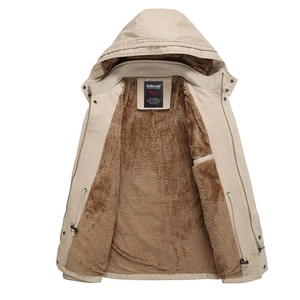 Men's khaki hooded fleece-lined winter jacket with warm sherpa interior lining