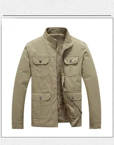Detail of khaki men's work jacket featuring high-density canvas and warm faux fur lining