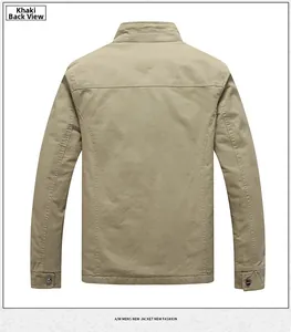 Rear view of khaki winter fleece-lined jacket for men showing high-density twill fabric details