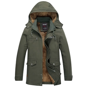 Men's winter fleece-lined hooded jacket in army green with warm faux shearling interior