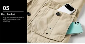 Détail d'une veste en coton kaki montrant une poche à rabat pratique avec bouton noir