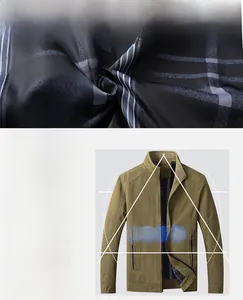 Detail of army green slim fit jacket showing the stylish dark plaid inner lining fabric