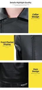 Detailed close-up of premium black PU leather jacket showing the zipper and collar texture