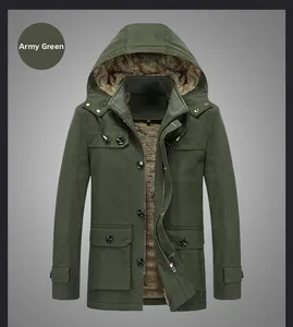 Close-up of military green men's hooded parka featuring thick brown fleece lining and pockets