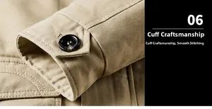 Gros plan détaillé du poignet d'une veste en coton kaki avec bouton noir et coutures