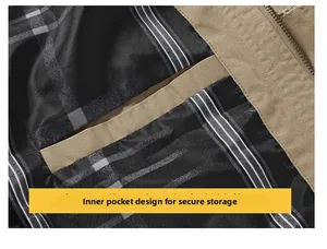 Detail of khaki cotton jacket showing internal pocket and classic plaid lining texture
