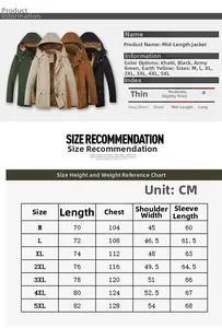 Detailed size chart for men's winter hooded parka jacket from size M to 5XL